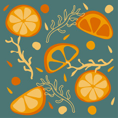 Orange slice design pattern with colorful decor and branches on green background. Delicious citrus. Editable stroke. Vector illustration for cards, business, banners, textile, wallpaper, wrapping	