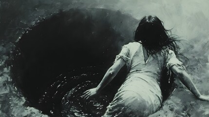 Monochrome Artwork of a Woman inside a Dark, Water Hole in a Surreal Environment. Creepy artwork. VHS wallpaper. Spooky painting.