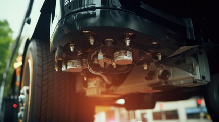 Detailed view of the regenerative braking system on an electric bus, captured from underneath the vehicle. - obrazy, fototapety, plakaty