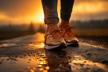 Someone lacing up running shoes at dawn, ready to hit the pavement and embrace the invigorating habit of early morning exercise. Concept of daily fitness commitment. Generative Ai.