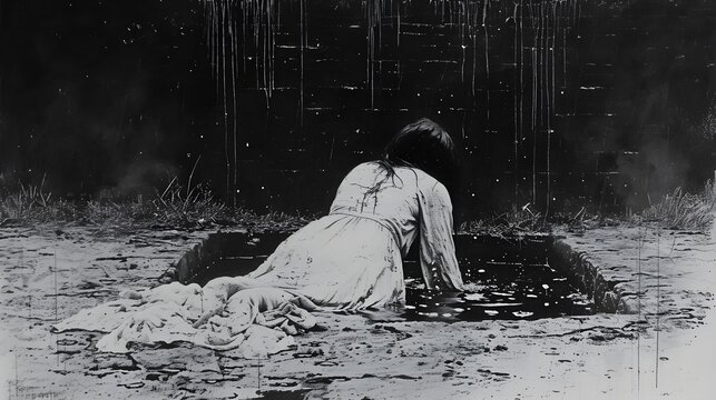 Monochrome Artwork of a Woman inside a Dark, Water Hole in a Surreal Environment. Creepy artwork. VHS wallpaper. Spooky painting.