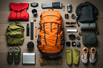 A collection of travel essentials neatly packed in a backpack, symbolizing the habit of spontaneous adventure and exploration. Concept of wanderlust fulfillment. Generative Ai.