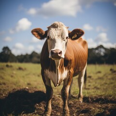 close up of a cow standing in a green field looking at the camera