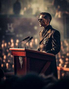 AI-Generated Retrofuturistic Dictator at a Meeting Podium