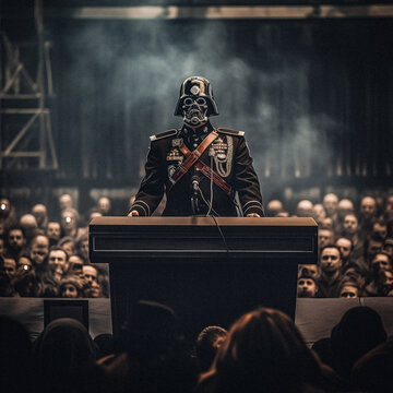 AI-Generated Retrofuturistic Dictator at a Meeting Podium