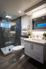 Fototapeta na wymiar Modern bathroom interior with glass shower enclosure and white vanity