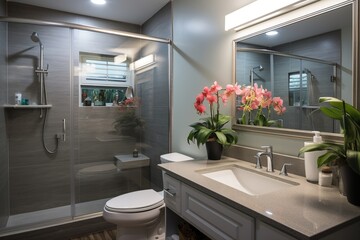 Modern bathroom interior with glass shower enclosure and orchid flowers