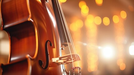 Closeup of a cello bow on strings at a classical music concert. - obrazy, fototapety, plakaty