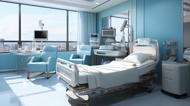 Patient room interior with two blue armchairs and a large window