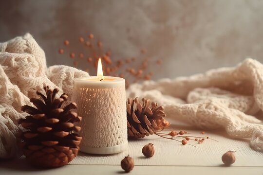 Top view photo of winter composition lighted candles white knitted sweater pine cones and anise on pastel background with copyspace,16k