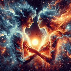 Twin flame couple. Soulmates. The concept of magical, esoteric, tantric, spiritual love. Connection between souls. Illustration for websites and much more. Created using generative ai tools.