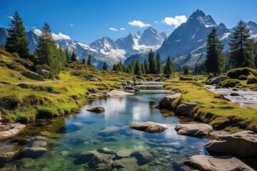 majestic mountain landscape with river and greenery