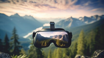 Closeup of a virtual reality headset with a serene mountain landscape projected on it. - obrazy, fototapety, plakaty
