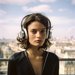 AI-Generated Portrait of Young Woman with Headphones and Paris Eiffel Tower Background