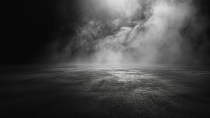 Concrete floor with smoke or fog in dark room with spotlight. Asphalt night street background.