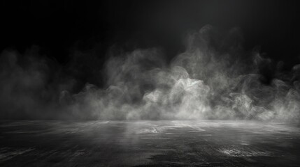 Concrete floor with smoke or fog in dark room with spotlight. Asphalt night street background. - obrazy, fototapety, plakaty
