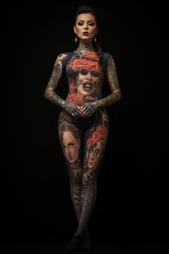 AI-Generated Portrait of a Stunning Young Woman with Full Body Tattoos
