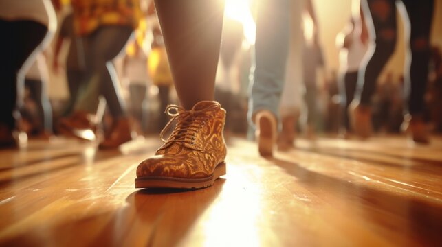 Closeup of intricate footwork in a cultural dance class