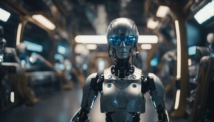 Fototapeta premium Humanoid Robot with Visor Display in High-Tech Facility