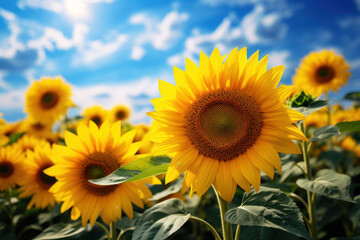 Obraz premium A summer road trip through fields of sunflowers, their golden faces turned toward the sun, creating a sea of vibrant yellow. Concept of sunflower fields. Generative Ai.