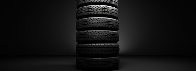 Black tires stacked vertically in a dark room - obrazy, fototapety, plakaty