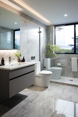 Fototapeta na wymiar Modern bathroom interior with large windows and marble tiles
