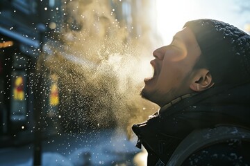 A man sneezes on a spring street, allergies - obrazy, fototapety, plakaty