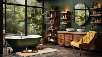 Modern bathroom interior with a large green bathtub and a yellow armchair