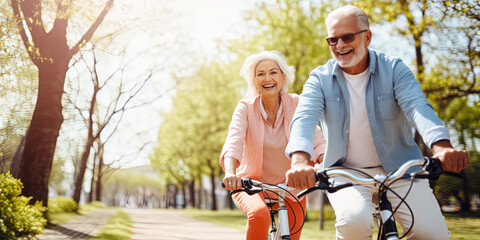 Cheerful active senior couple with bicycle in park together having fun lifestyle. Perfect activities for elderly people. Happy mature couple riding bikes, bicycles in the springtime park - obrazy, fototapety, plakaty