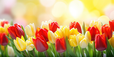 Blooming red and yellow tulips banner. Beautiful natural floral background with copy space