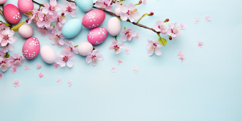 Obraz na płótnie Canvas Colorful Easter eggs and blooming pink flowers on light blue background, copy space