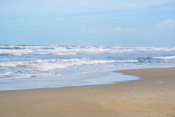 Panorama of beautiful white sand beach and blue water in Italy. Holiday summer beach background