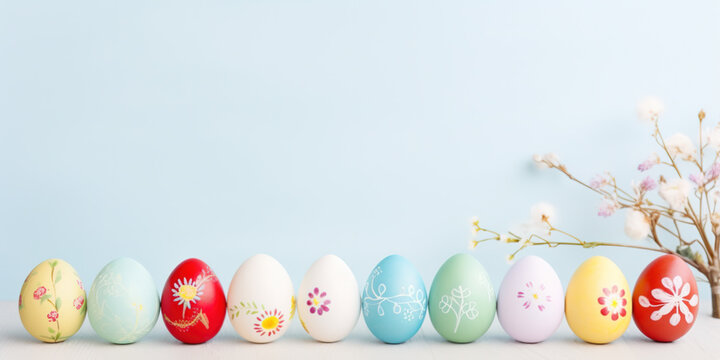 Painted colorful easter eggs with copy space