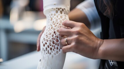 Closeup of a 3Dprinted prosthetic being evaluated by a team of professionals for durability and effectiveness in assisting with everyday tasks. - obrazy, fototapety, plakaty