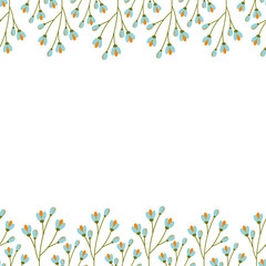 Double sided frame with top and bottom border of blooming twigs. Copy space. Summer design concept