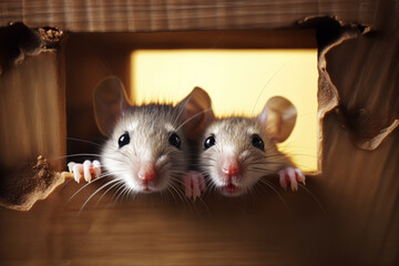 Two mice look out of their hole