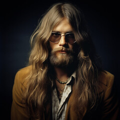 AI-Generated Image: 70s Style Bearded Young Man with Long Hair and Sunglasses