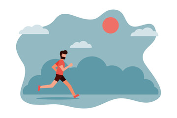 A man wearing sportswear jogs or runs in the park. Outdoor exercise. Athletics. Lifestyle for good health. Vector illustration flat design style