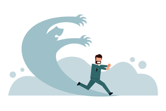Businessman is afraid of his own shadow that looks like a demon. The concept of escaping the evil within one's own heart. Refusal to accept problems that arise within one's heart. Vector illustration