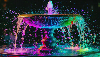 Fountain illuminated by rainbow-colored lights, close-up