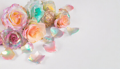 Iridescent glossy rose, white background, copy space, close-up