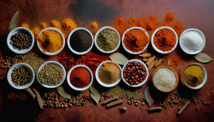 Lots of spices lined up, top view, close-up