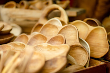 Wooden kitchenware and decorations sold on Easter market in Vilnius.