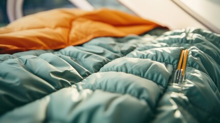 Closeup of a tent zipper being od, revealing a cozy sleeping bag inside. - obrazy, fototapety, plakaty
