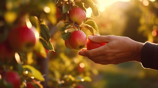 Closeup of a hand picking a perfectly ripe apple from an organic orchard, free from harmful pesticides.