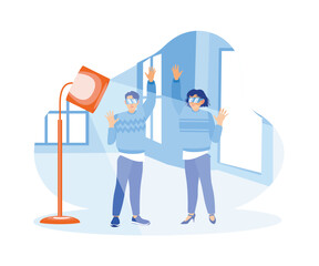 Young couples using virtual glasses, making hand gestures, and using VR technology. Virtual Relationships concept. Flat vector illustration.