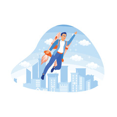 Man flies with a jet pet on his back to success. Businessman in career advancement concept. Career Development concept. trend flat vector modern illustration