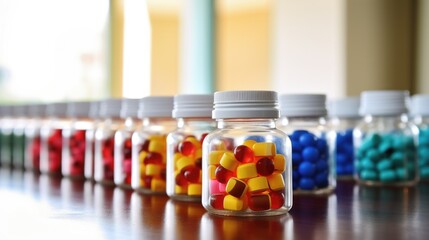 Closeup of a collection of prescription bottles, emphasizing the importance of properly managing and taking medication as prescribed for optimal health. - obrazy, fototapety, plakaty