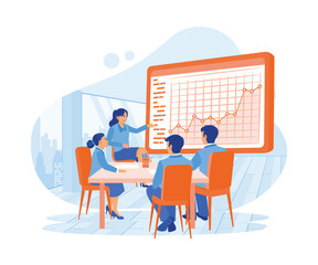 Fototapeta premium The female chief analyst holds a meeting with a team of economists. The interactive digital whiteboard displays growth graphs, statistics, and sales data. Growth Analysis concept. 