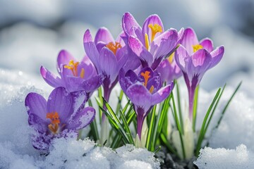 Blooming purple crocuses emerging from under a blanket of melting snow, symbolizing the arrival of early spring, vibrant purple against the white snow
